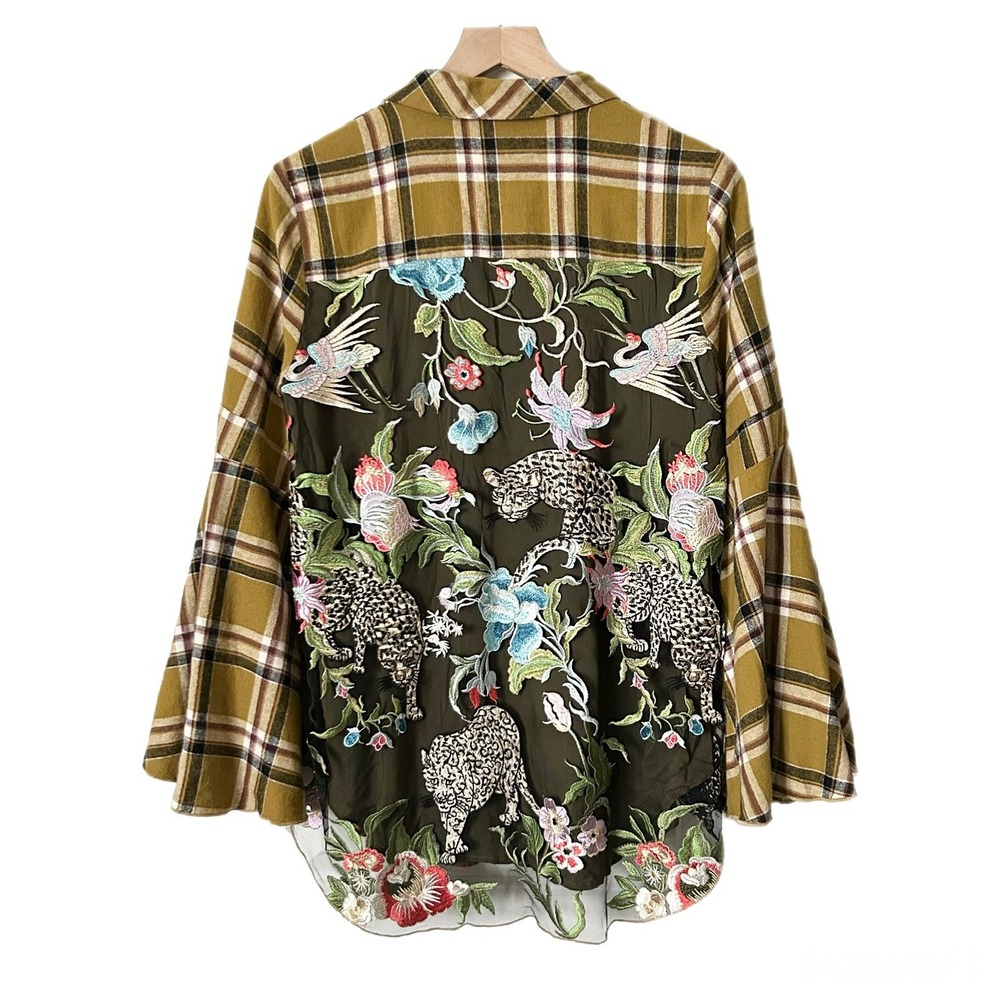 Aratta Silent Journey Cotton Plaid Shirt Embroidered Leopard Floral Small